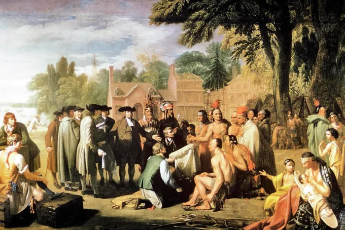 Framed Print : 1600s WILLIAM PENN TREATY WITH LENAPE INDIANS 1682 BENJAMIN WEST PAINTING 1772 PHILADELPHIA PENNSYLVANIA Framed Print : 1600s WILLIAM PENN TREATY WITH LENAPE INDIANS 1682 BENJAMIN WEST PAINTING 1772 PHILADELPHIA PENNSYLVANIA