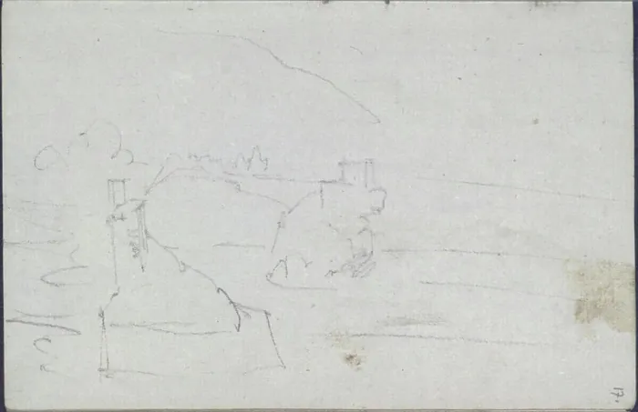 Framed Print : A 1829 pencil sketch by Carl Gauermann showing an indistinct landscape combined with architectural elements Framed Print : A 1829 pencil sketch by Carl Gauermann showing an indistinct landscape combined with architectural elements