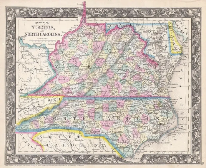 Framed Print : 1860 Mitchell Map of Virginia (undivided) and North Carolina Framed Print : 1860 Mitchell Map of Virginia (undivided) and North Carolina