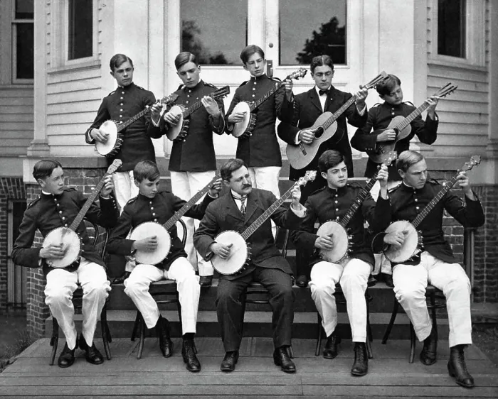 Framed Print : 1890S 1900S Group Young Men Playing Banjos And Guitars In String Orchestra Framed Print : 1890S 1900S Group Young Men Playing Banjos And Guitars In String Orchestra
