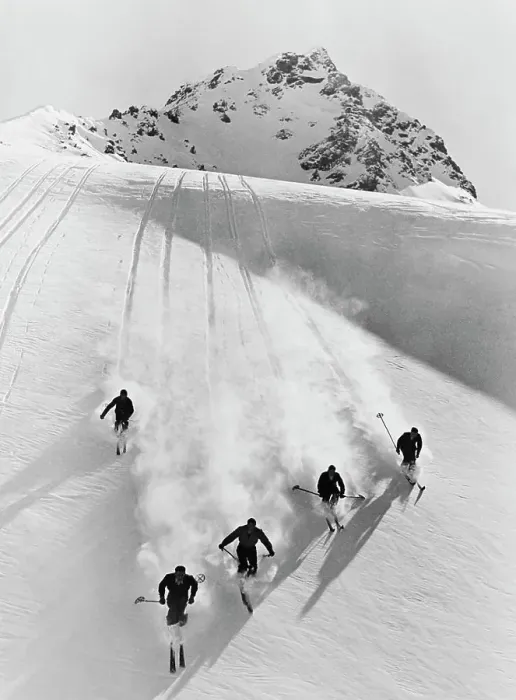 Framed Print : 1920S 1930S Five Men Skiing Down Snow Covered Alps Switzerland Framed Print : 1920S 1930S Five Men Skiing Down Snow Covered Alps Switzerland