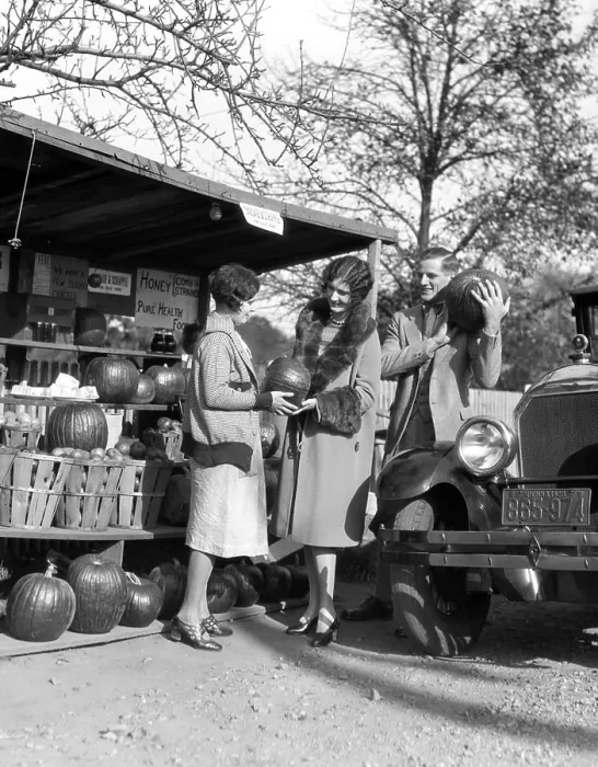 Framed Print : 1920S Couple Women Man At Roadside Produce Stand Buying Pumpkins