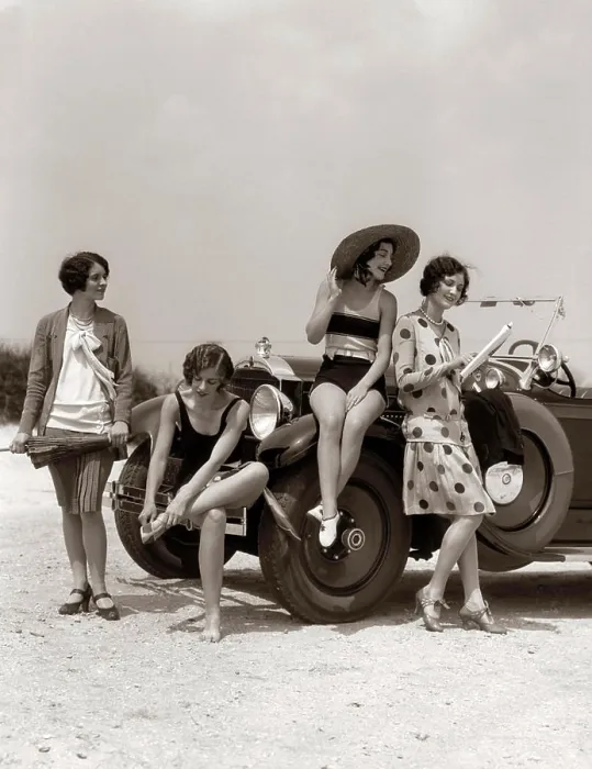 Framed Print : 1920S Group Of Four Women At Shore Gathered Around Convertible Two In Dresses & Two In Bathing Suits Framed Print : 1920S Group Of Four Women At Shore Gathered Around Convertible Two In Dresses & Two In Bathing Suits