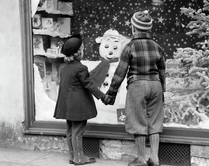 Framed Print : 1930S Boy And Girl Holding Hands Looking At Decorated Christmas Window