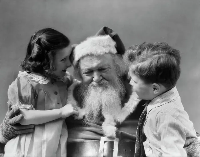 Framed Print : 1930S Little Boy With Girl Whispering Telling Santa Claus What She Wants For Christmas Framed Print : 1930S Little Boy With Girl Whispering Telling Santa Claus What She Wants For Christmas