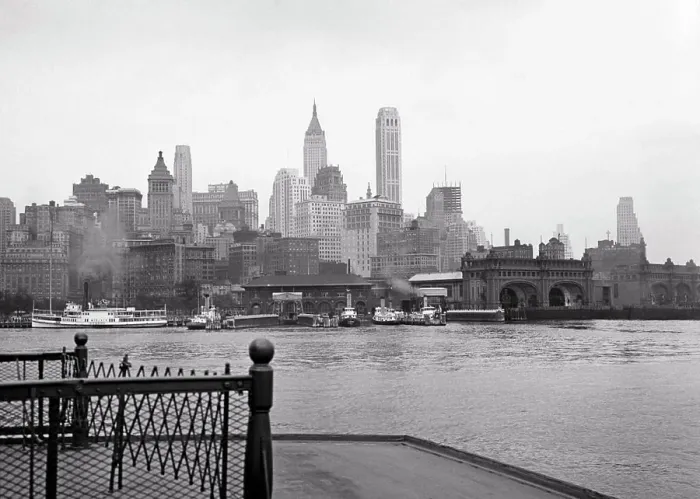 Framed Print : 1930s SKYLINE OF LOWER MANHATTAN BUSINESS DISTRICT SIGHT SEEING BOATS TERMINAL SLIPS FROM DECK OF STATEN ISLAND FERRY Framed Print : 1930s SKYLINE OF LOWER MANHATTAN BUSINESS DISTRICT SIGHT SEEING BOATS TERMINAL SLIPS FROM DECK OF STATEN ISLAND FERRY