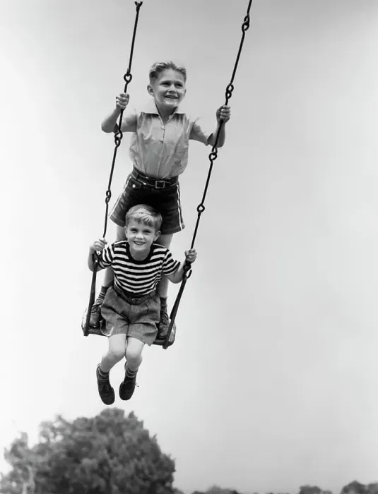 Framed Print : 1930S Two Smiling Boys Sitting Standing On Playground Swing