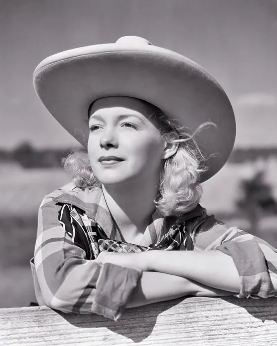 Framed Print : 1940s BLONDE COWGIRL WEARING BIG BRIMMED COWBOY HAT LEANING ON FENCE WEARING PLAID SHIRT BANDANA THOUGHTFUL FACIAL Framed Print : 1940s BLONDE COWGIRL WEARING BIG BRIMMED COWBOY HAT LEANING ON FENCE WEARING PLAID SHIRT BANDANA THOUGHTFUL FACIAL