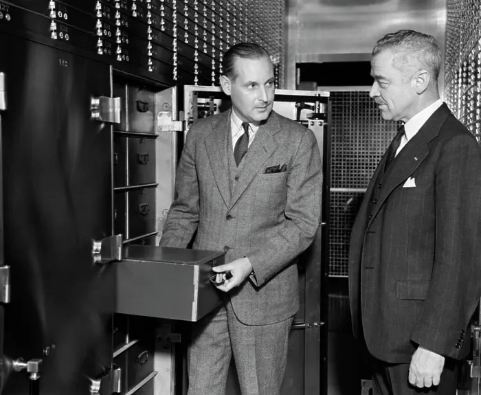 Framed Print : 1940S Two Men Bank Open Safety Deposit Box View Vault Savings Bank Security Valuables Retro Vintage Framed Print : 1940S Two Men Bank Open Safety Deposit Box View Vault Savings Bank Security Valuables Retro Vintage