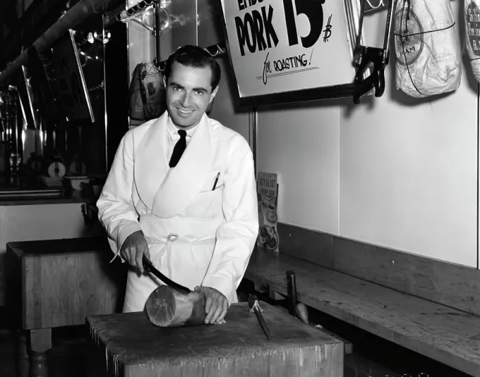 Framed Print : 1940S Smiling Man Butcher Slicing Ham Roll Butcher Shop Grocery Store Grocer Pork 15 Cents Per Pound