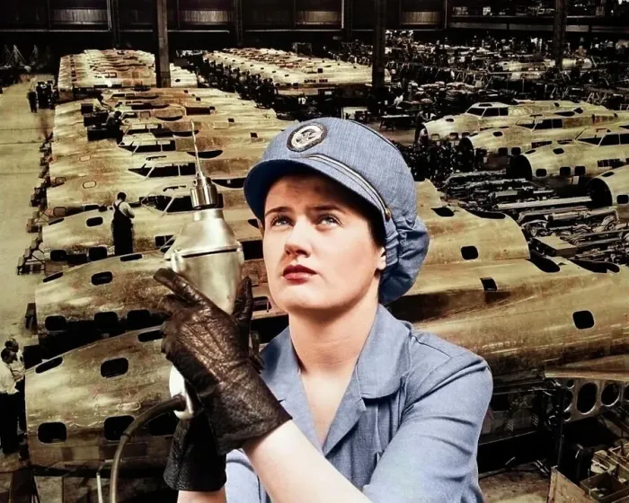 Framed Print : 1940s WOMAN ROSIE THE RIVETER SUPERIMPOSED OVER AIRPLANES IN FACTORY 1940s WARTIME WWII