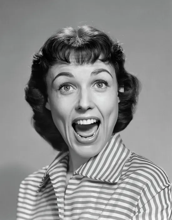 Framed Print : 1950s 1960s WOMAN BRUNETTE SMILING LAUGHING MOUTH OPEN WIDE HAPPY FUNNY FACE LOOKING AT CAMERA WEARING STRIPED BLOUSE Framed Print : 1950s 1960s WOMAN BRUNETTE SMILING LAUGHING MOUTH OPEN WIDE HAPPY FUNNY FACE LOOKING AT CAMERA WEARING STRIPED BLOUSE