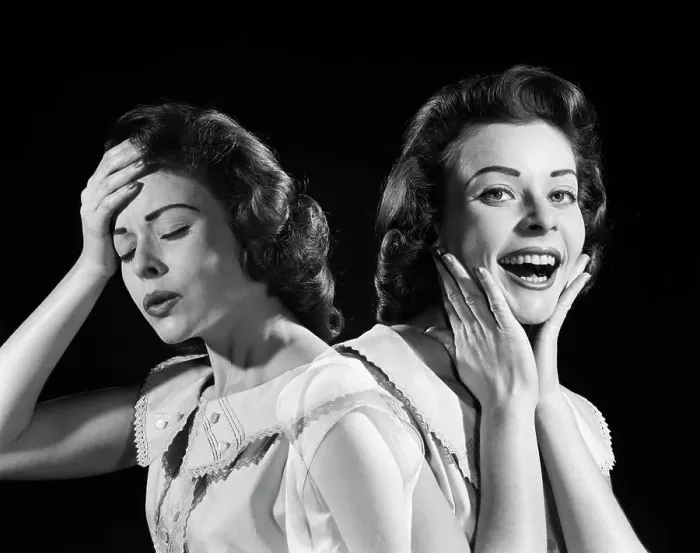 Framed Print : 1950S 1960S Woman Double Exposure One Side Has Hand To Head In Pain Other Has Hands To Face Smiling Feeling Better Framed Print : 1950S 1960S Woman Double Exposure One Side Has Hand To Head In Pain Other Has Hands To Face Smiling Feeling Better