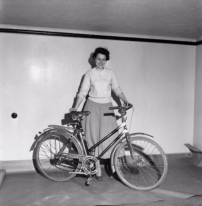 Framed Print : 1950s bicycle. A young women with a brand new womens Crescent bicycle. Sweden 1956 ref CV15-9 Framed Print : 1950s bicycle. A young women with a brand new womens Crescent bicycle. Sweden 1956 ref CV15-9