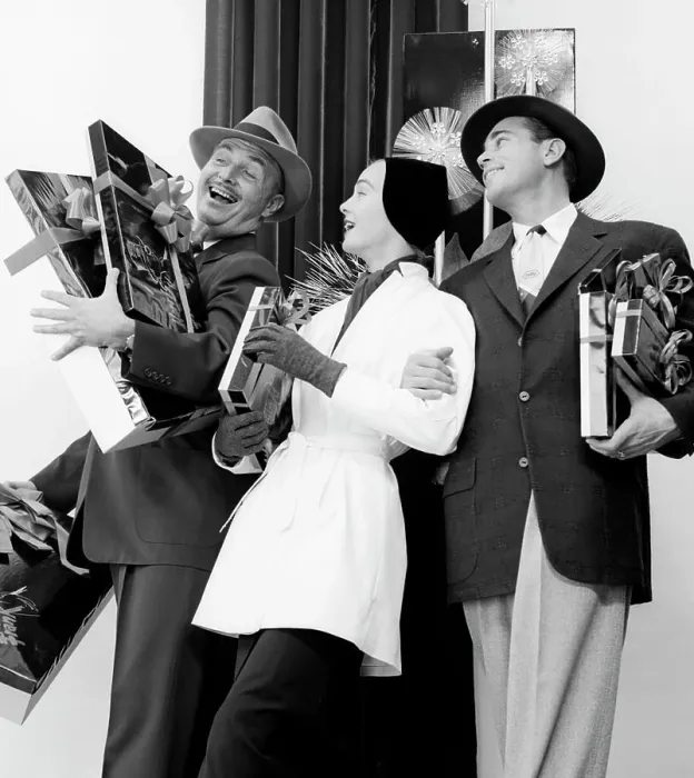 Framed Print : 1950S Joyous Laughing Woman And Two Men Carrying Christmas Gifts Framed Print : 1950S Joyous Laughing Woman And Two Men Carrying Christmas Gifts