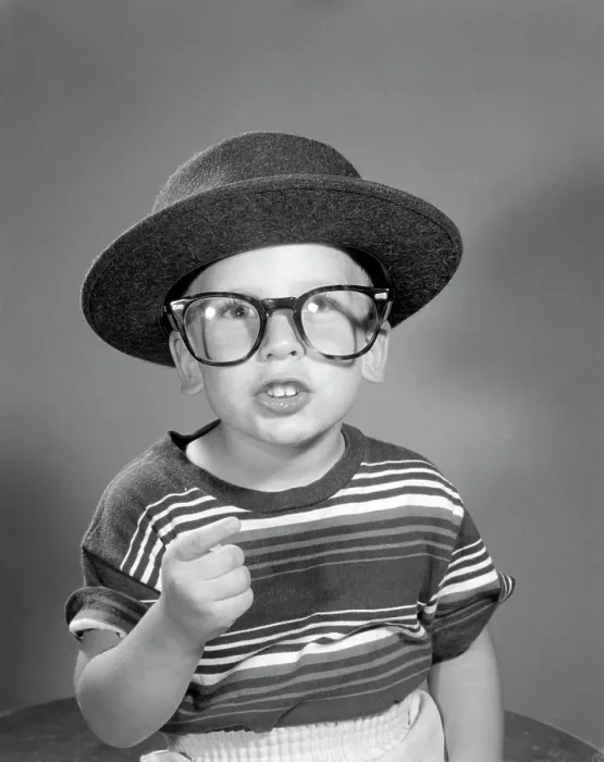 Framed Print : 1950S Portrait Boy Dressing Up In Adult Business Man'S Hat And Glasses Wearing Striped Tee Shirt Framed Print : 1950S Portrait Boy Dressing Up In Adult Business Man'S Hat And Glasses Wearing Striped Tee Shirt