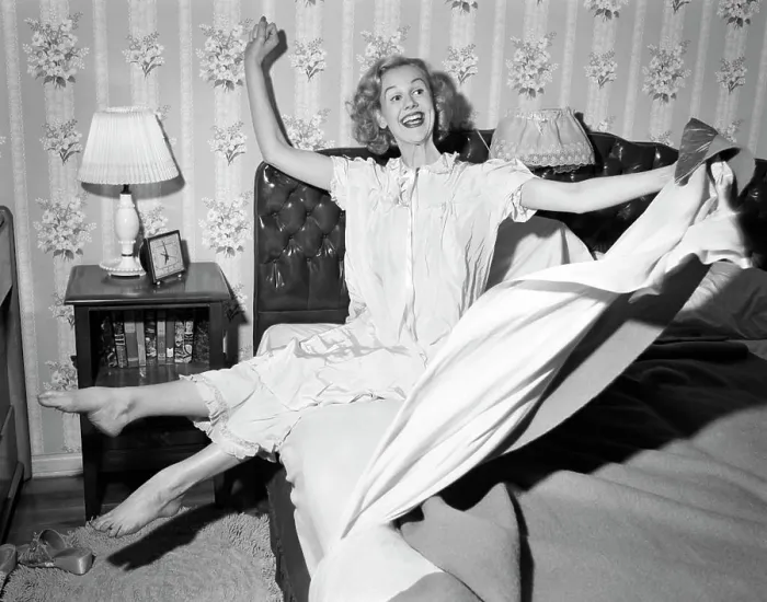 Framed Print : 1950s SMILING HAPPY GLEEFUL WOMAN WAKING UP GETTING OUT OF BED FLINGING BACK SHEETS AND BLANKETS Framed Print : 1950s SMILING HAPPY GLEEFUL WOMAN WAKING UP GETTING OUT OF BED FLINGING BACK SHEETS AND BLANKETS