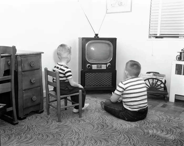 Framed Print : 1950S Back View Of 2 Boys In Striped T-Shirts Watching Tv Framed Print : 1950S Back View Of 2 Boys In Striped T-Shirts Watching Tv