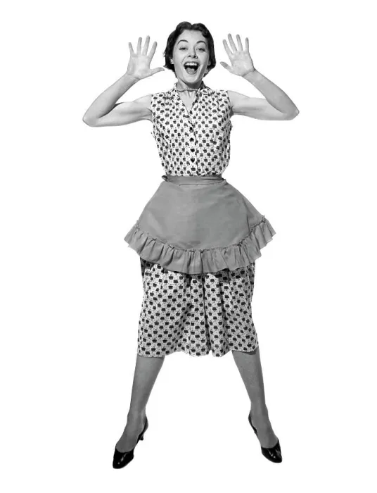 Framed Print : 1950S Woman In Apron Jumping Exaggerated Expression Framed Print : 1950S Woman In Apron Jumping Exaggerated Expression
