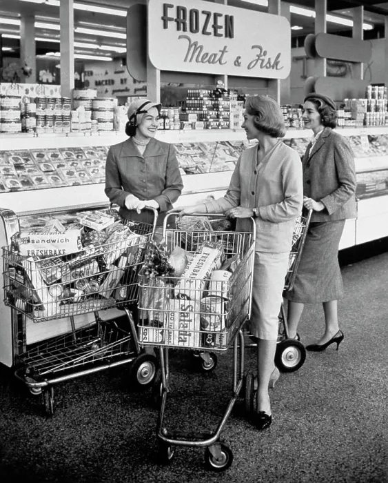 Framed Print : 1950S Three Women Meet In Frozen Food Aisle Of Supermarket Framed Print : 1950S Three Women Meet In Frozen Food Aisle Of Supermarket