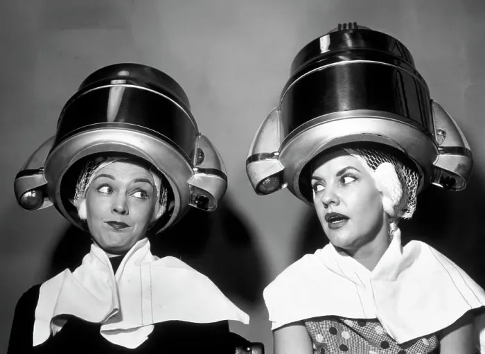 Framed Print : 1950S Two Women Sitting Together Gossiping Under Hairdresser Hair Dryer