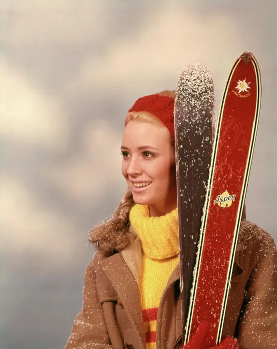 Framed Print : 1960s 1970s PORTRAIT WOMAN RED HEADBAND YELLOW TURTLENECK SWEATER HOLDING PAIR OF SKIS SKIER Framed Print : 1960s 1970s PORTRAIT WOMAN RED HEADBAND YELLOW TURTLENECK SWEATER HOLDING PAIR OF SKIS SKIER
