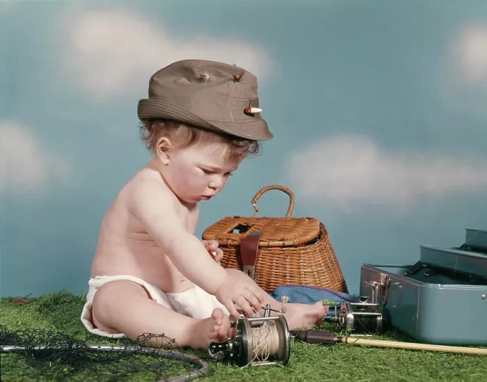 Framed Print : 1960S Baby Ready To Go Fishing Wearing Hat Surrounded By Tackle Box Fishing Rod Net Basket Framed Print : 1960S Baby Ready To Go Fishing Wearing Hat Surrounded By Tackle Box Fishing Rod Net Basket