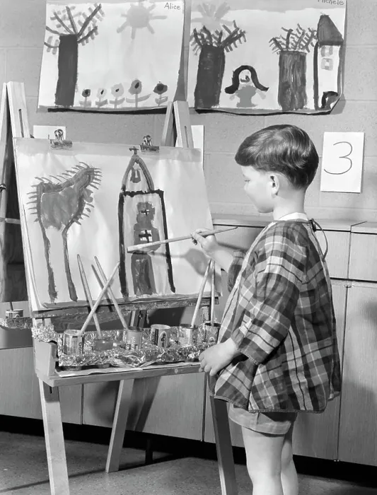 Framed Print : 1960S Boy In Smock Painting At Easel In Art Class Framed Print : 1960S Boy In Smock Painting At Easel In Art Class