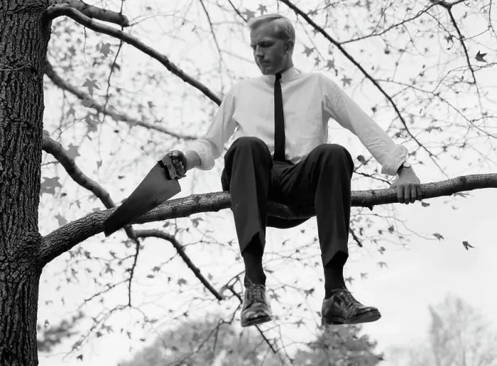 Framed Print : 1960S Businessman In Shirt And Tie Sitting On Tree Limb He'S Sawing Framed Print : 1960S Businessman In Shirt And Tie Sitting On Tree Limb He'S Sawing