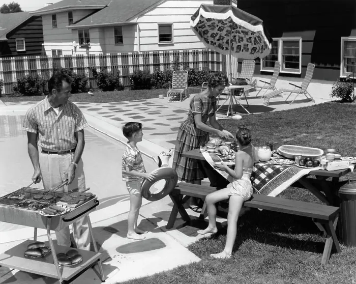 Framed Print : 1960S Family Of 4 In Backyard At Poolside Father Barbecuing & Mother & Children Making Preparations At Picnic Table Framed Print : 1960S Family Of 4 In Backyard At Poolside Father Barbecuing & Mother & Children Making Preparations At Picnic Table