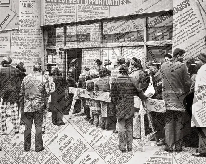 Framed Print : 1960s GROUP OF PEOPLE STANDING IN LINE ALONG STREET WITH NEWSPAPER ADS OF EMPLOYMENT SUPERIMPOSED DURING 1960 &1961 RECESSIONS - w6063 HAR001 HARS MONTAGE DIFFERENT LIFESTYLE FEMALES JOBS UNITED STATES COPY SPACE FULL-LENGTH LADIES PERSONS Framed Print : 1960s GROUP OF PEOPLE STANDING IN LINE ALONG STREET WITH NEWSPAPER ADS OF EMPLOYMENT SUPERIMPOSED DURING 1960 &1961 RECESSIONS - w6063 HAR001 HARS MONTAGE DIFFERENT LIFESTYLE FEMALES JOBS UNITED STATES COPY SPACE FULL-LENGTH LADIES PERSONS
