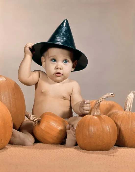 Framed Print : 1960S Halloween Witch Hat Baby Pumpkins