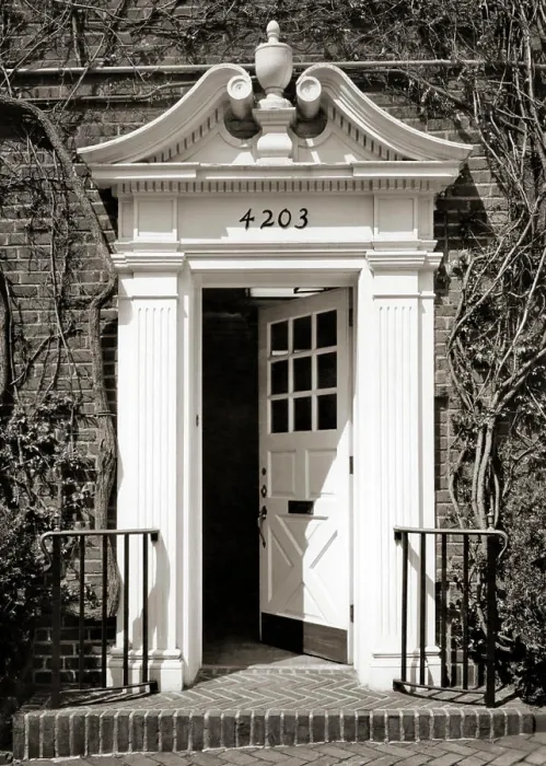 Framed Print : 1960s OPEN FRONT DOOR WITH ARCHITECTURAL DETAIL OF BROKEN OR OPEN SWAN NECK PEDIMENT WITH URN Framed Print : 1960s OPEN FRONT DOOR WITH ARCHITECTURAL DETAIL OF BROKEN OR OPEN SWAN NECK PEDIMENT WITH URN