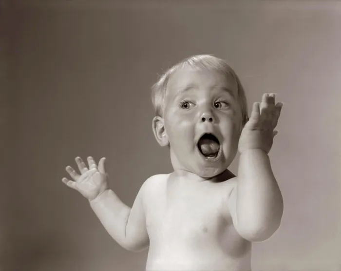 Framed Print : 1960S Portrait Baby With Hands In Air And Eyes & Mouth Wide Open Framed Print : 1960S Portrait Baby With Hands In Air And Eyes & Mouth Wide Open