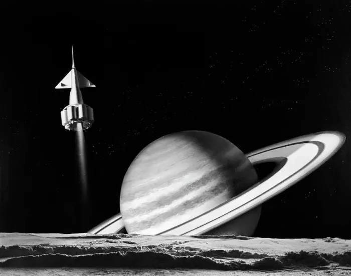 Framed Print : 1960S Space Rocket Flying Past Saturn With Surface Of Another Planet In Foreground Framed Print : 1960S Space Rocket Flying Past Saturn With Surface Of Another Planet In Foreground