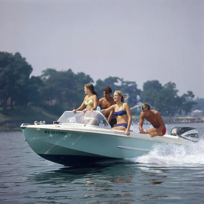 Framed Print : 1960S Two Teen Couples In Motorboat Summer Two Piece Bathing Suit Speed Fun Summer Lake Recreation Spray