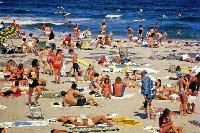 Framed Print : 1970s CROWDED BUSY SUMMERTIME BEACH ON JERSEY ATLANTIC OCEAN SHORE BODY SURFERS SUNBATHERS FAMILY GROUPS TEENAGERS NJ