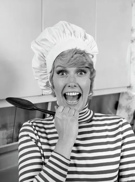 Framed Print : 1970S Woman Portrait Wearing Chef'S Toque In Kitchen With Surprised Face