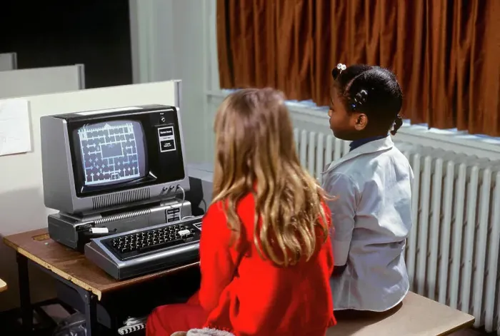 Framed Print : 1980s TWO GIRLS LEARNING ABOUT COMPUTERS BY PLAYING ON SCREEN GAME Framed Print : 1980s TWO GIRLS LEARNING ABOUT COMPUTERS BY PLAYING ON SCREEN GAME