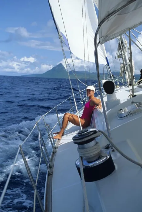 Framed Print : 1990s WOMAN SAILING LOOKING AT CAMERA SAINT LUCIA PETIT PITON WEST INDIES