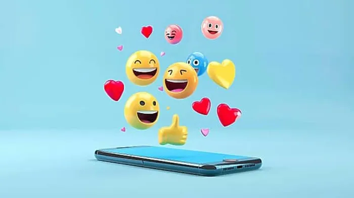 Framed Print : 3D emojis emerging from a cellphone, representing positive emotions, AI generated