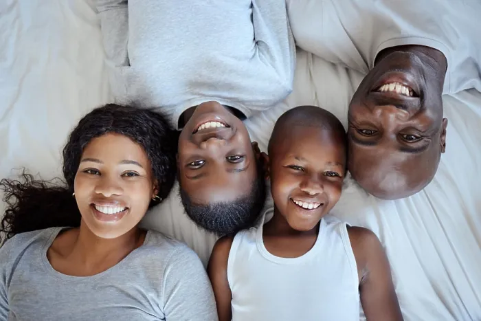 Framed Print : Above, happy kids and black family in bed or portrait with love Framed Print : Above, happy kids and black family in bed or portrait with love