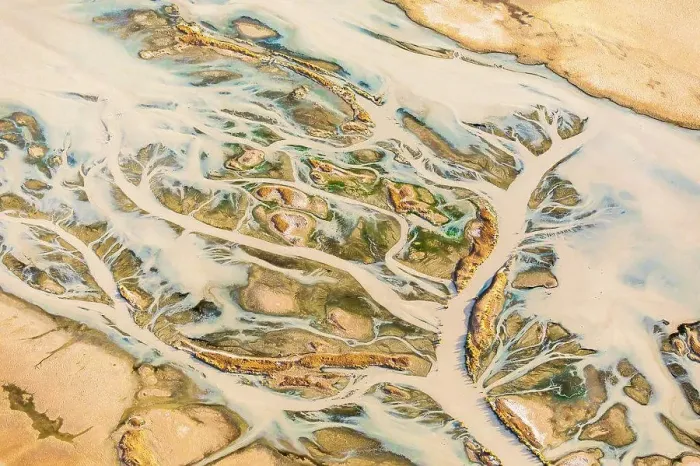 Framed Print : Abstract aerial of Kati Thanda Lake Eyre arid desert land in Australia with small river