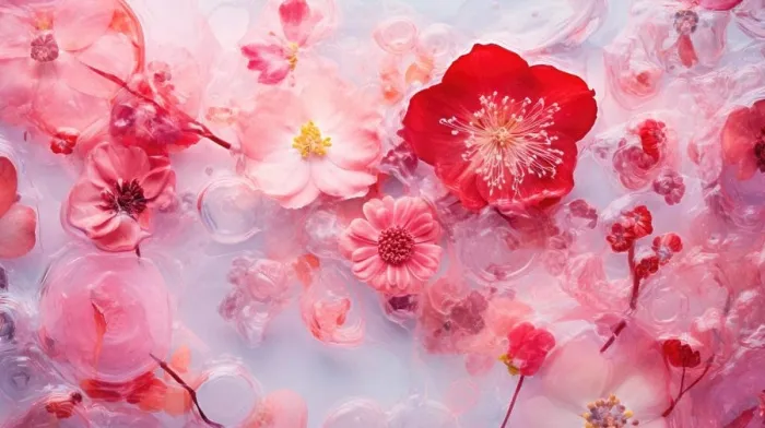 Framed Print : Abstract background of close up of pink and red frozen flowers in ice Framed Print : Abstract background of close up of pink and red frozen flowers in ice