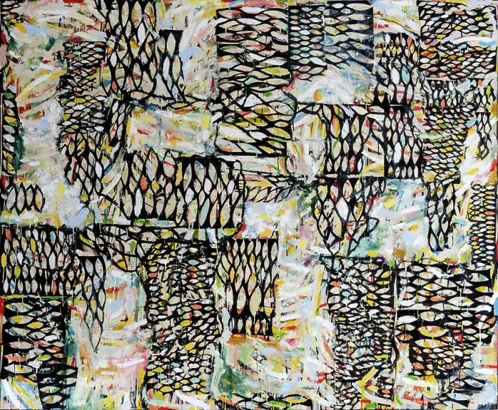Framed Print : An abstract collage and encaustic painting with swirling brush strokes