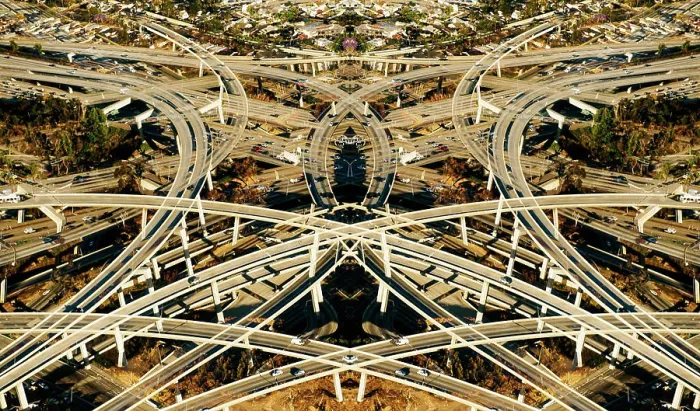 Framed Print : Abstract symmetrical aerial view of flyovers and highways, Los Angeles, California, USA Framed Print : Abstract symmetrical aerial view of flyovers and highways, Los Angeles, California, USA