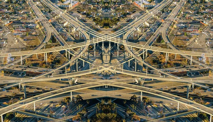 Framed Print : Abstract symmetrical aerial view of highways and flyovers, Los Angeles, California, USA Framed Print : Abstract symmetrical aerial view of highways and flyovers, Los Angeles, California, USA