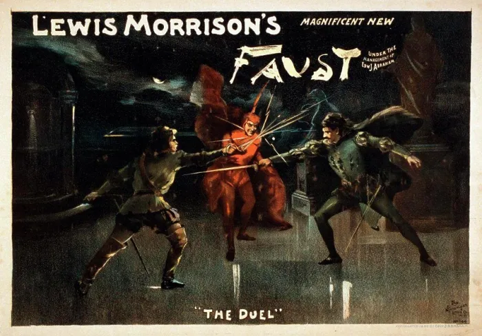 Framed Print : Advertisement poster for Lewis Morrison's Magnificent New Faust'. Showing a scene titled The Duel Framed Print : Advertisement poster for Lewis Morrison's Magnificent New Faust'. Showing a scene titled The Duel