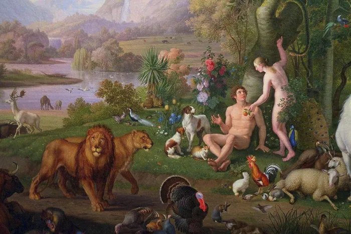 Framed Print : Detail of Adam and Eve in Garden of Eden, by Wenzel Peter, Pinacoteca, Vatican Museums, Rome, Italy