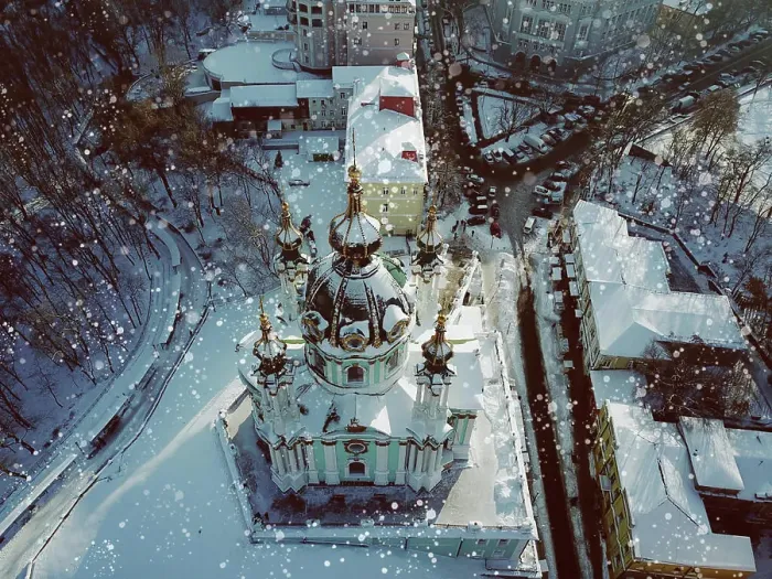 Framed Print : Aerial flyover of Saint Andrews Church